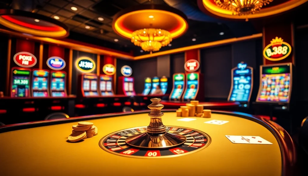Engaging scene of BJ388 online casino with luxury casino tables, roulette, and vibrant slot machines.