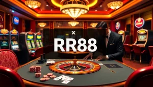 RR88 gameplay featuring poker chips and a roulette wheel in a luxurious casino setting.
