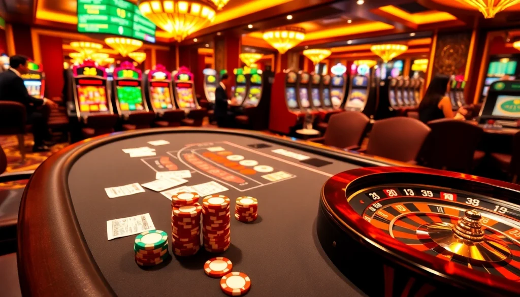 Engaged players at an 8qbet casino table enjoying blackjack with vibrant slot machines.