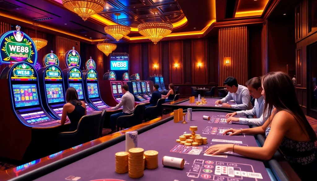 WE88 gaming table with dealers engaging players in a luxurious online casino atmosphere
