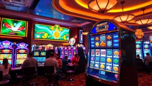 Engaging players at SLOT machines celebrating a jackpot win in a glamorous casino setting.