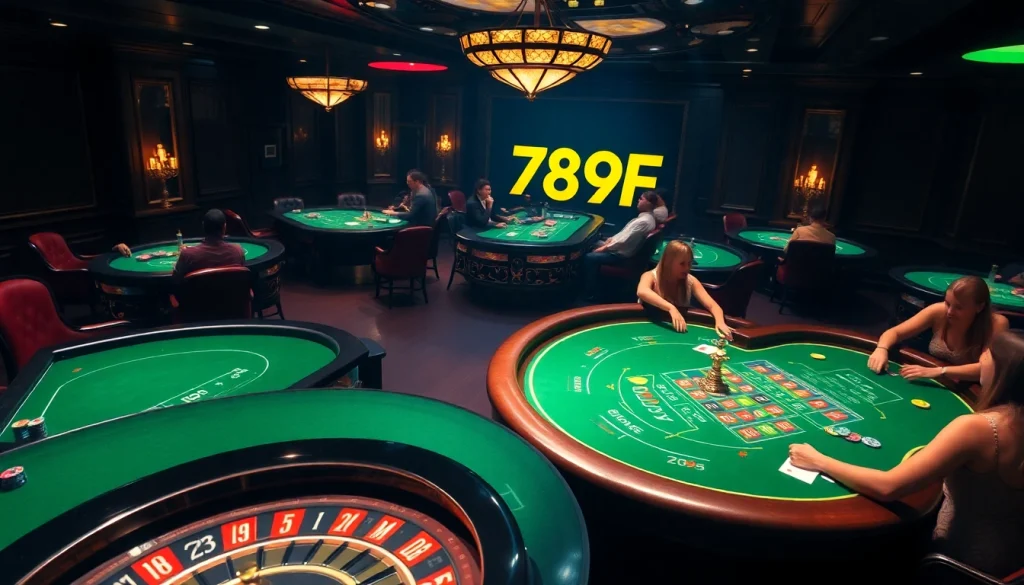 Players engaging in thrilling gameplay at 789F casino, featuring vibrant roulette and poker tables.