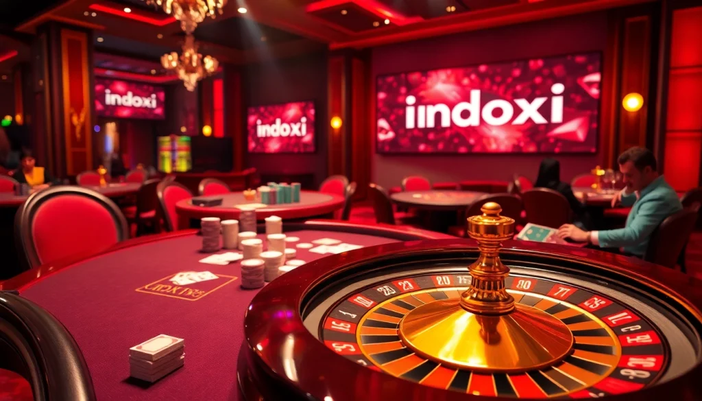 Players bet at a luxurious indoxxi-themed casino scene featuring poker chips and a roulette wheel.