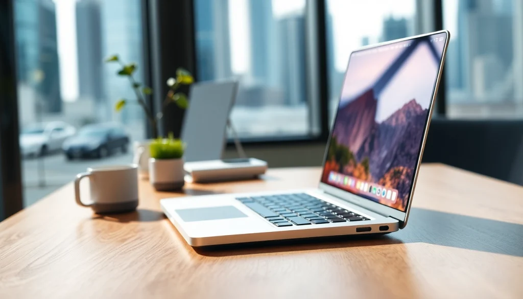 Showcasing the MacBook Pro 14 pulgadas with a sleek design on a modern desk.