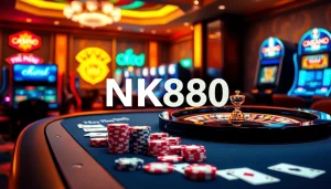 Engage with NK888 casino gameplay featuring stylish poker tables and vibrant slot machines.