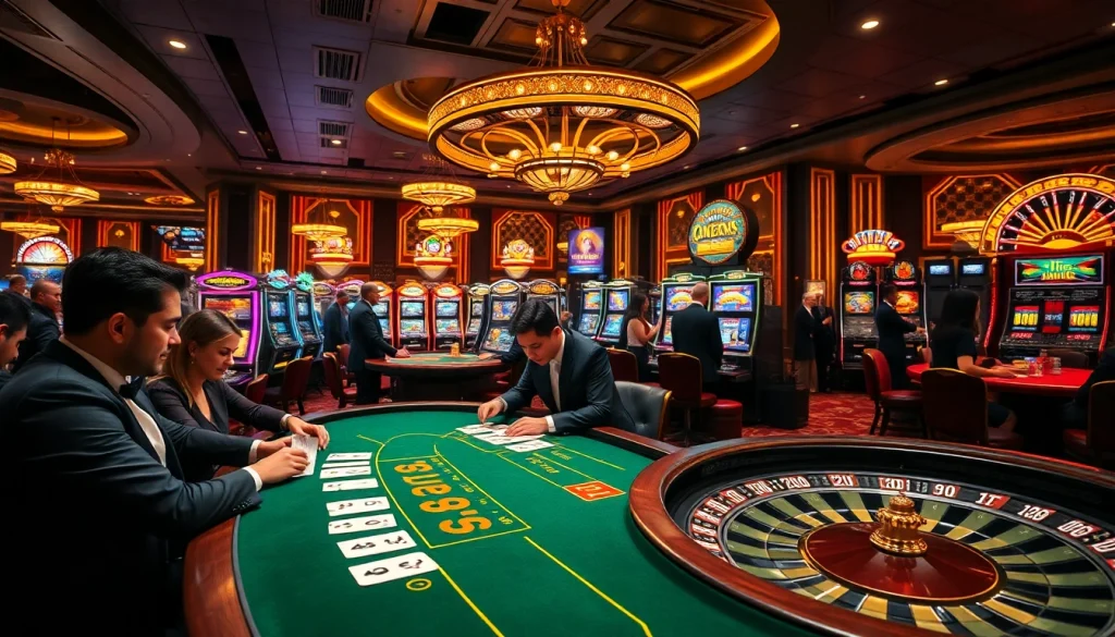 KJC casino scene showcasing a glamorous blackjack table and vibrant slot machines filled with excitement.