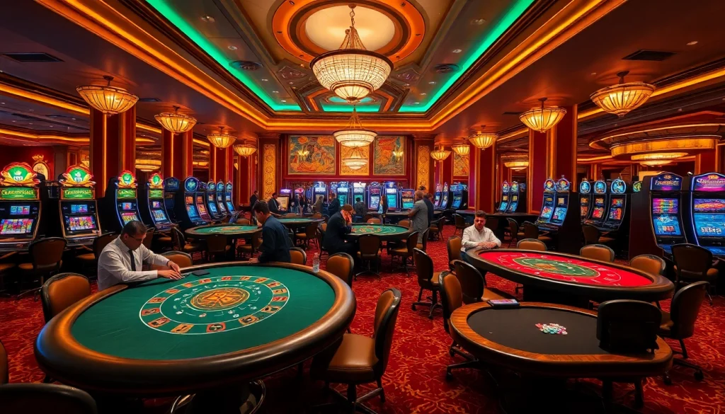 A vibrant casino scene showcasing gambling excitement at https://s8.boston/ with tables and players engaged in strategic betting.