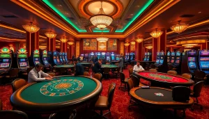 A vibrant casino scene showcasing gambling excitement at https://s8.boston/ with tables and players engaged in strategic betting.