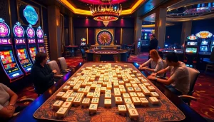 Permainan seru Mahjong Ways 2 di meja kasino mewah yang dikelilingi para pemain.