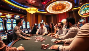 A dynamic casino scene with players enjoying games at 555win's vibrant tables and slots.