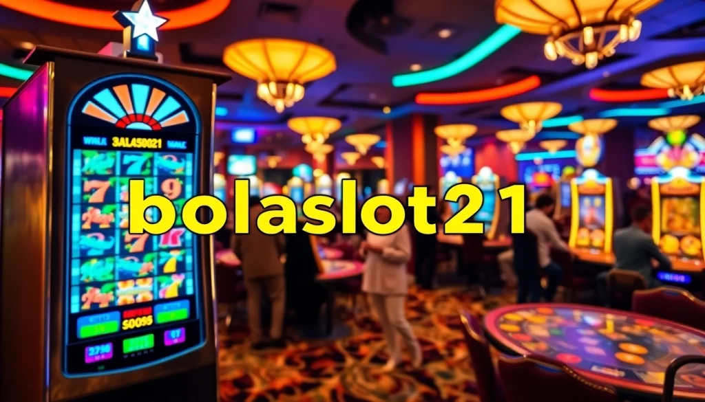 Judi online bolaslot21 yang menampilkan slot machines berwarna cerah dan pemain yang bahagia.