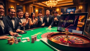 Players enjoying a thrilling poker game at Naga99 with vibrant chips and cards on a casino table.