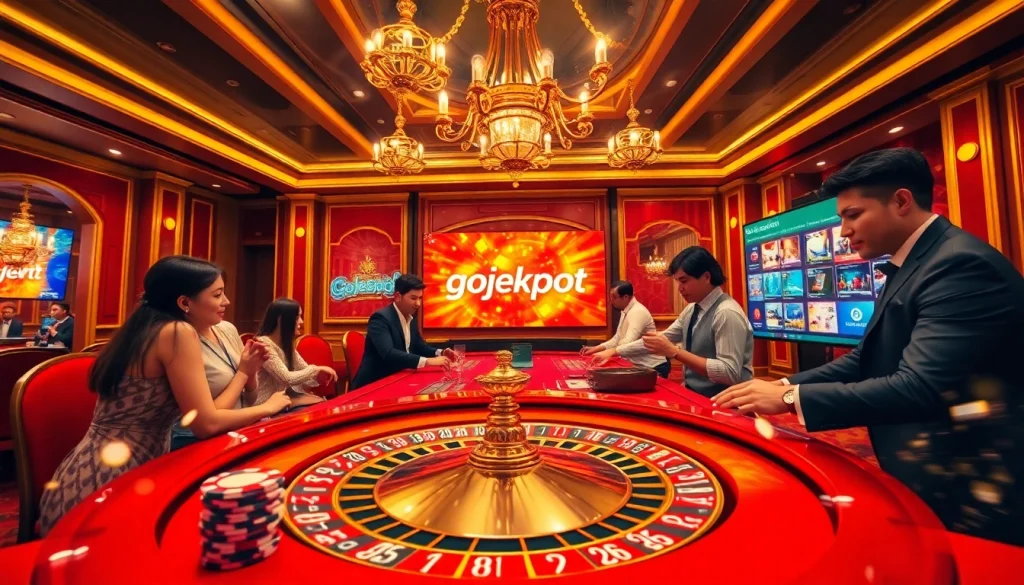 Experience the thrill of gojekpot in a luxurious casino setting with poker chips and roulette.