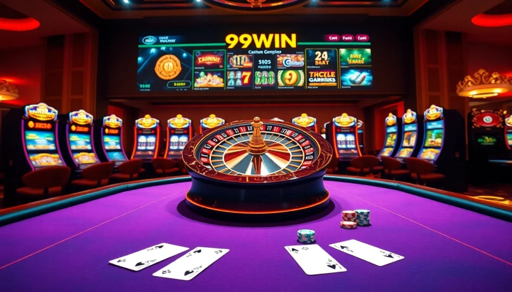 Exciting view of 99WIN casino with vibrant slot machines and a digital roulette wheel.