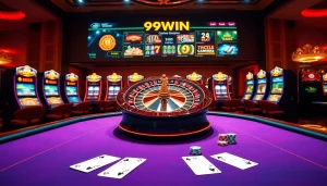 Exciting view of 99WIN casino with vibrant slot machines and a digital roulette wheel.