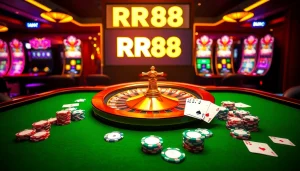 Experience the excitement of gambling at RR88 with poker chips and a roulette wheel.