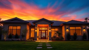 Highlighting modern architecture at www.tbplhomes.com, this inviting real estate scene showcases a stunning sunset backdrop.