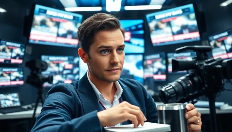 Usa Today journalist reports from a high-tech newsroom with modern equipment.