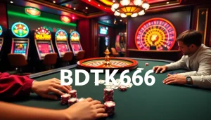 Experience the thrill of poker and roulette at a luxurious casino scene featuring BDTK666 branding.