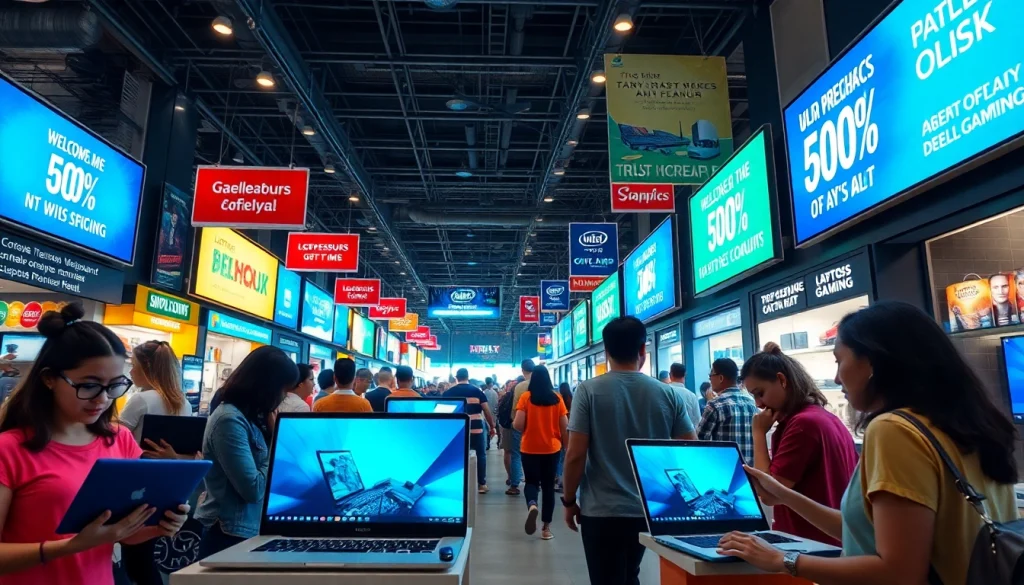 Engaging digital marketplace scene showcasing shoppers using ドスパラ クーポン for electronics deals.