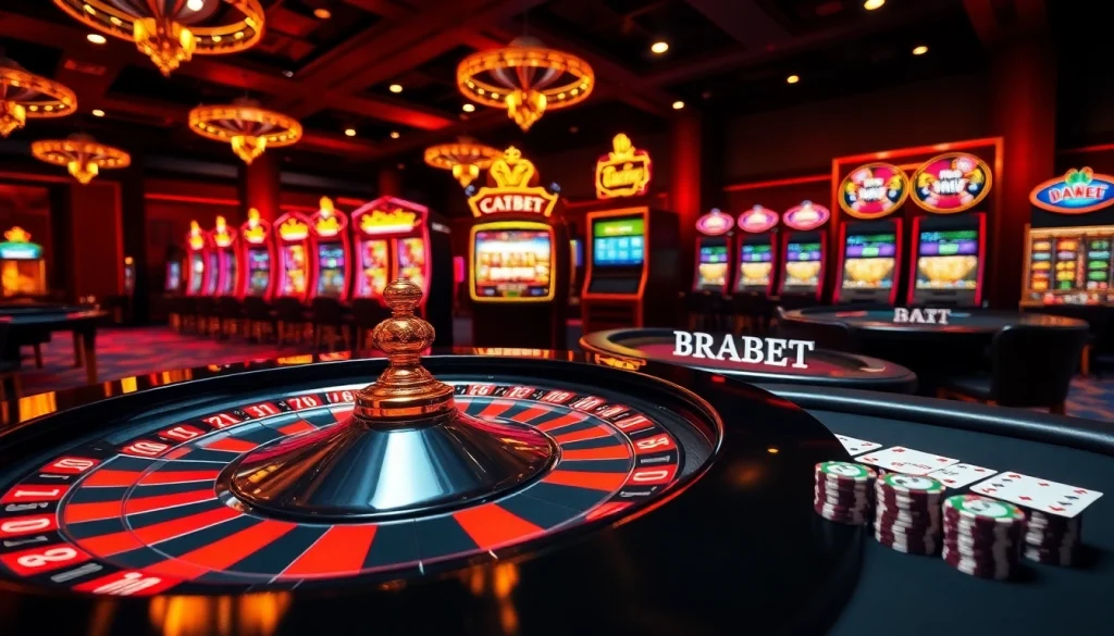 BRABET casino scene showcases thrilling roulette and poker action in a luxurious setting.