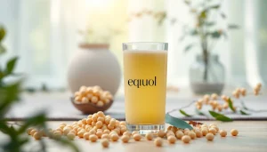 落ち着いた環境でエクオールを含むグラスを写した写真。ウェルネスと活力のための最適なエクオールサプリメントを探る。