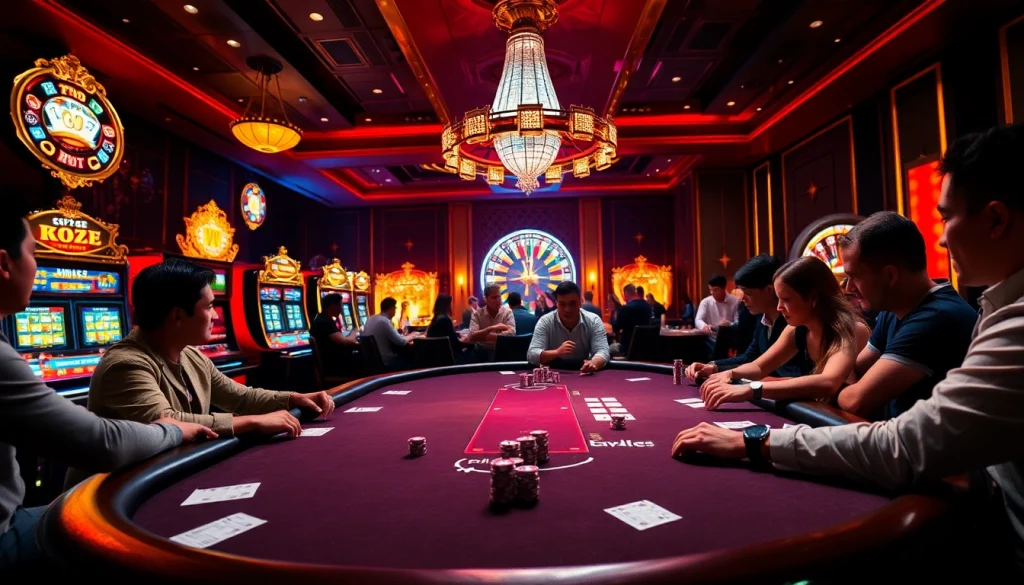 Experience the thrill of poker action at MV66.com with a vibrant casino scene showcasing luxury.
