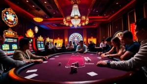 Experience the thrill of poker action at MV66.com with a vibrant casino scene showcasing luxury.
