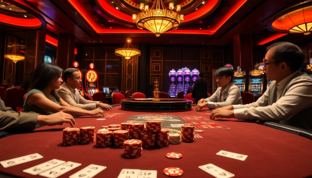 Players enjoying a thrilling poker game at a luxurious casino, featuring gori77's vibrant atmosphere.