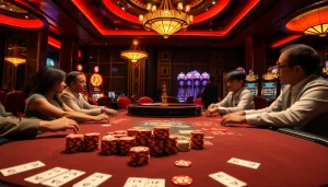 Players enjoying a thrilling poker game at a luxurious casino, featuring gori77's vibrant atmosphere.