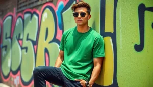 Model showcasing the trendy BOTOL169 green shirt in an urban setting.