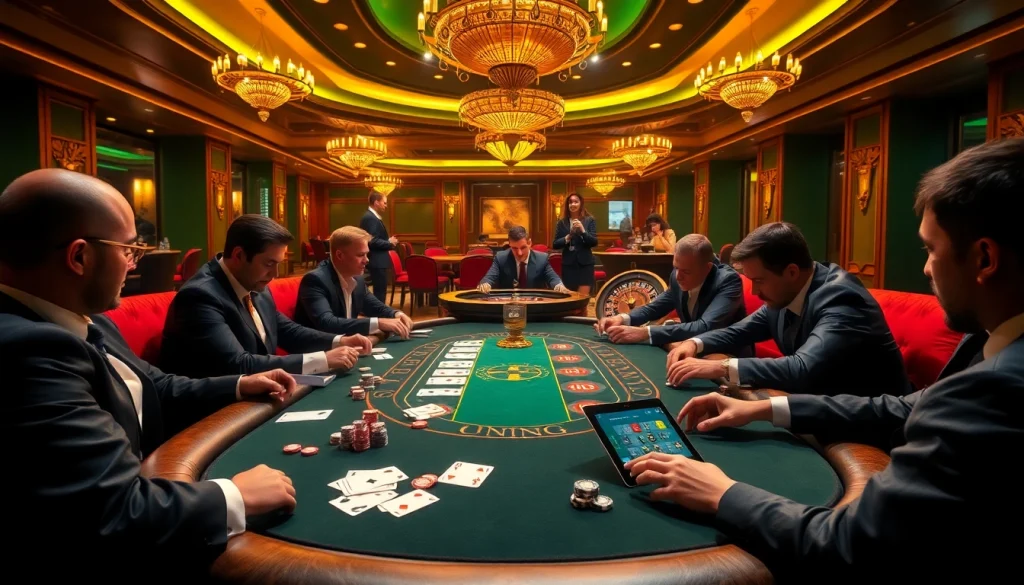 Players at a poker table celebrating a hay win, showcasing excitement in a luxurious casino setting.