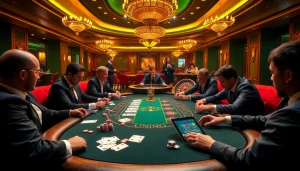 Players at a poker table celebrating a hay win, showcasing excitement in a luxurious casino setting.