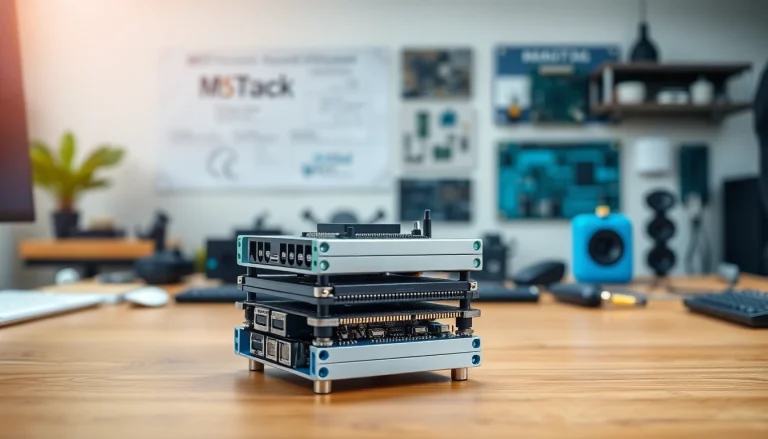 M5Stack Development Kit auf einem modernen Schreibtisch in einem technologischen Umfeld.