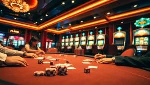 Engaging scene at a TRANG CHỦ LC88 casino with players at a poker table, showcasing excitement and luxury.