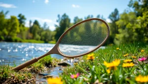 Showcasing a fly fishing net resting by a tranquil riverbank adorned with flowers.