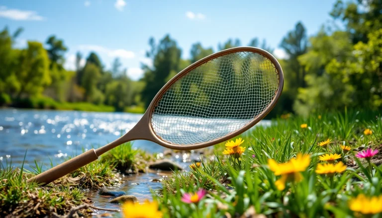 Showcasing a fly fishing net resting by a tranquil riverbank adorned with flowers.