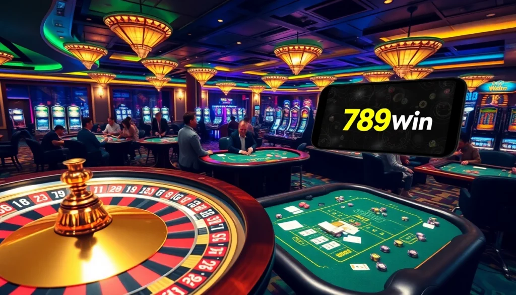 Players enjoying a thrilling game at the casino with the logo of https://789win.associates/ prominently displayed.
