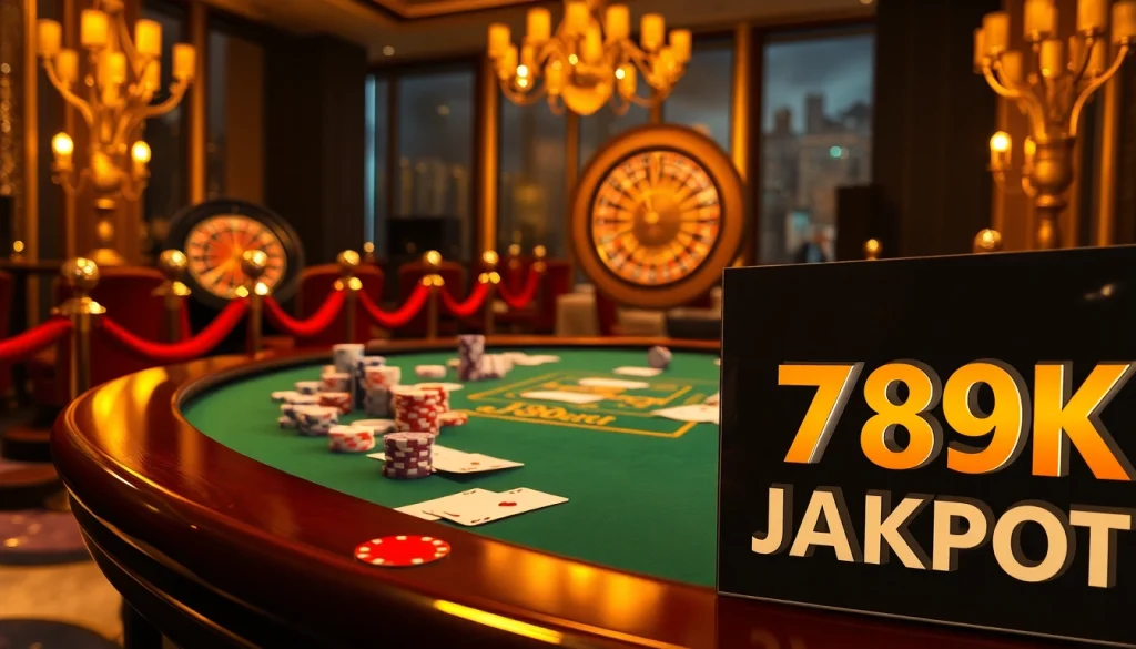 Exciting casino scene showcasing a high-stakes poker table with vibrant chips and the 789K jackpot.