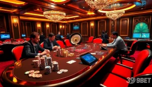 Experience the excitement of poker at 39BET's luxurious casino, featuring vibrant table games and colorful chips.