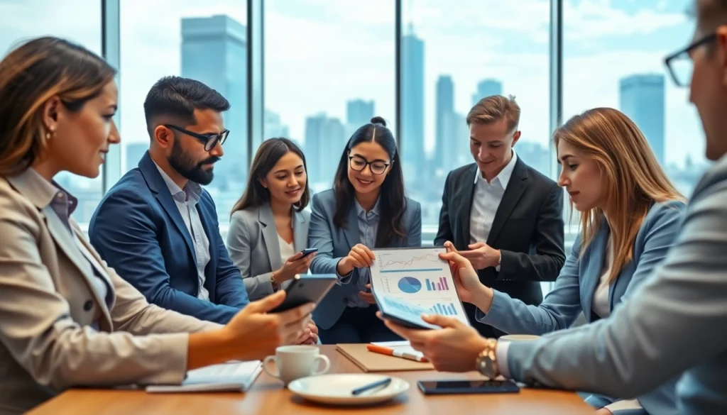 Showcasing business growth insights through teamwork in a modern office.