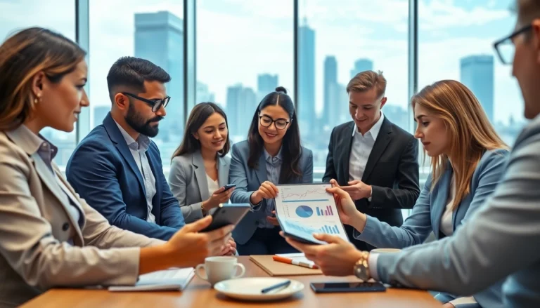 Showcasing business growth insights through teamwork in a modern office.