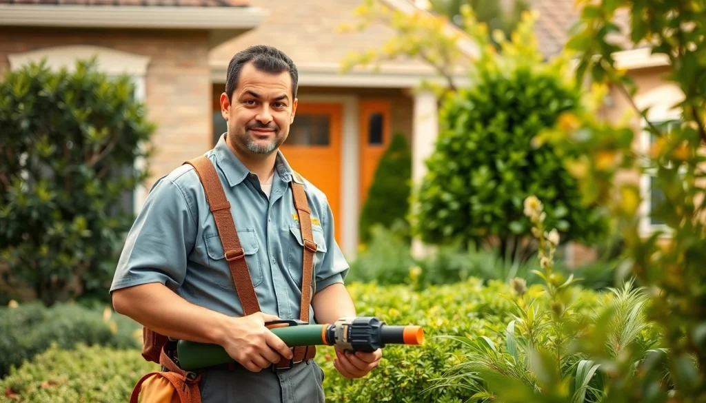 Pest control service in Oklahoma City featuring a professional technician inspecting a home.