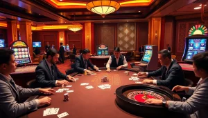 Exciting casino scene showcasing players at 58win betting on tables with cards and chips.