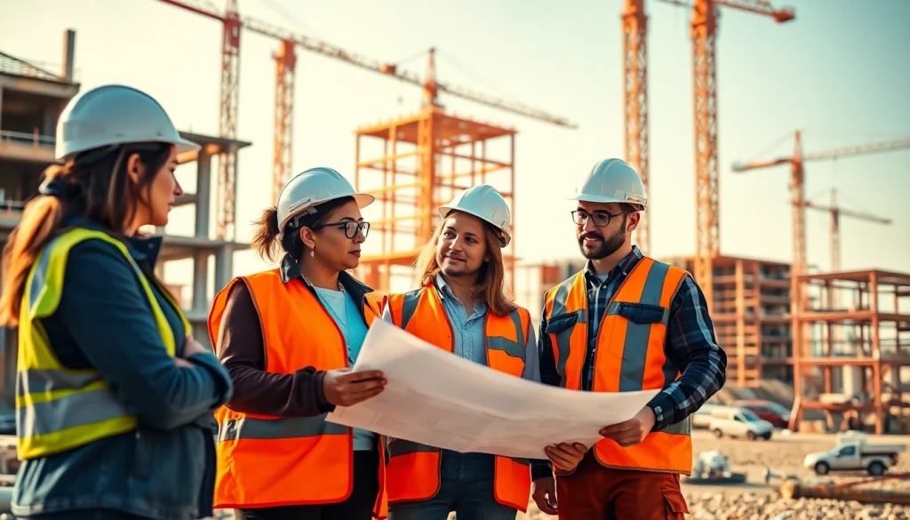 Highlight careers in construction through teamwork among diverse workers at a vibrant site.