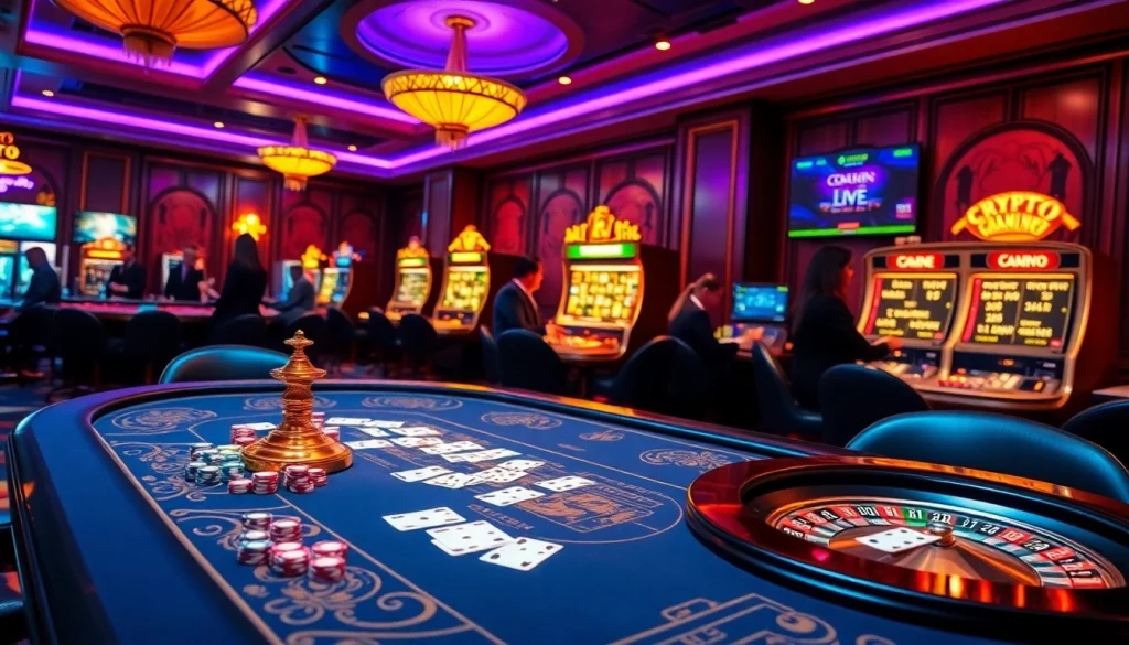 Gamblers enjoying games at crypto online casinos with vibrant casino elements.
