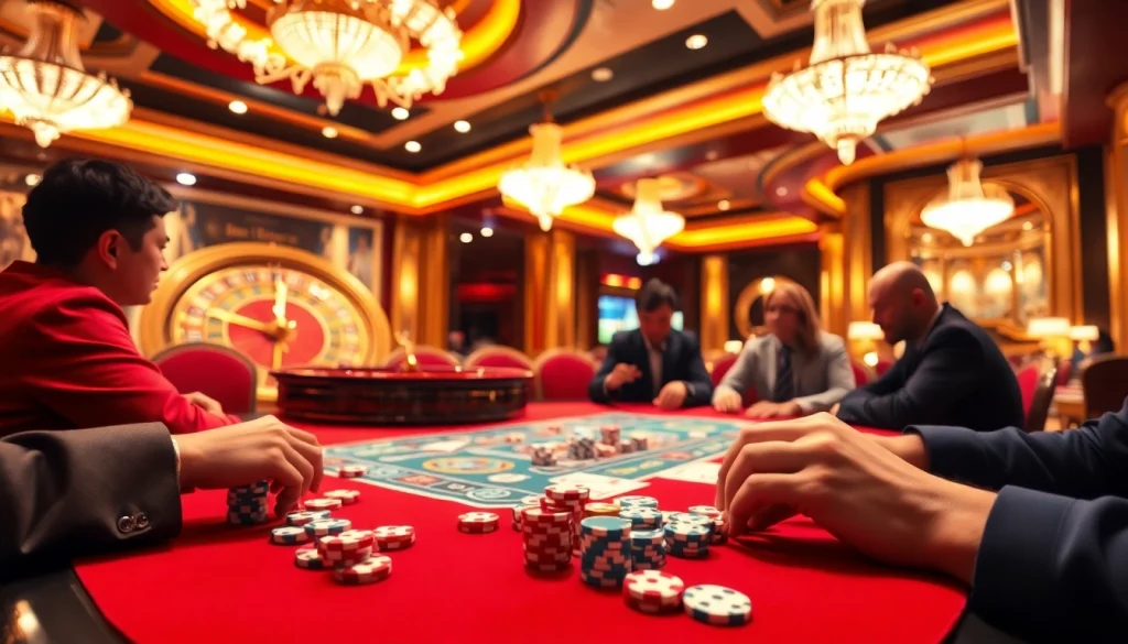 Players enjoying a thrilling game of Dominoqiu with vibrant chips and cards in a luxurious casino.