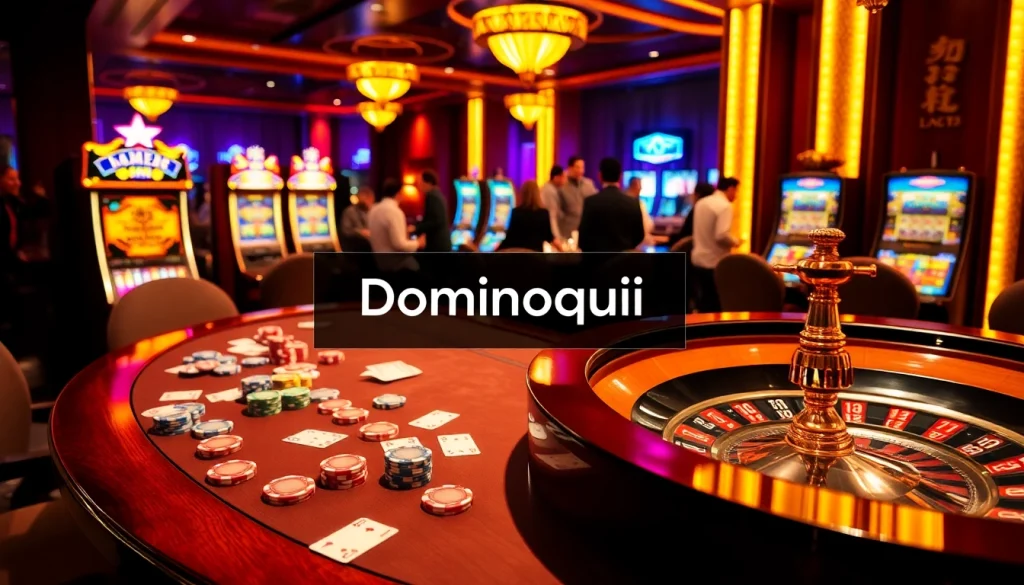 Experience the thrill of Dominoqiu as players engage in high-stakes poker at a vibrant casino table filled with chips and cards.