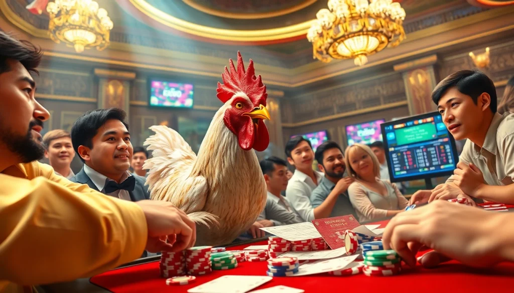 Betting on đá gà trực tiếp during an exciting live chicken fighting event in a luxurious casino atmosphere.