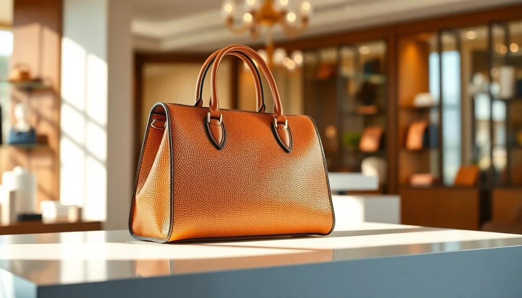 레플리카의 고급 핸드백을 세련된 부티크 배경에서 선보입니다.